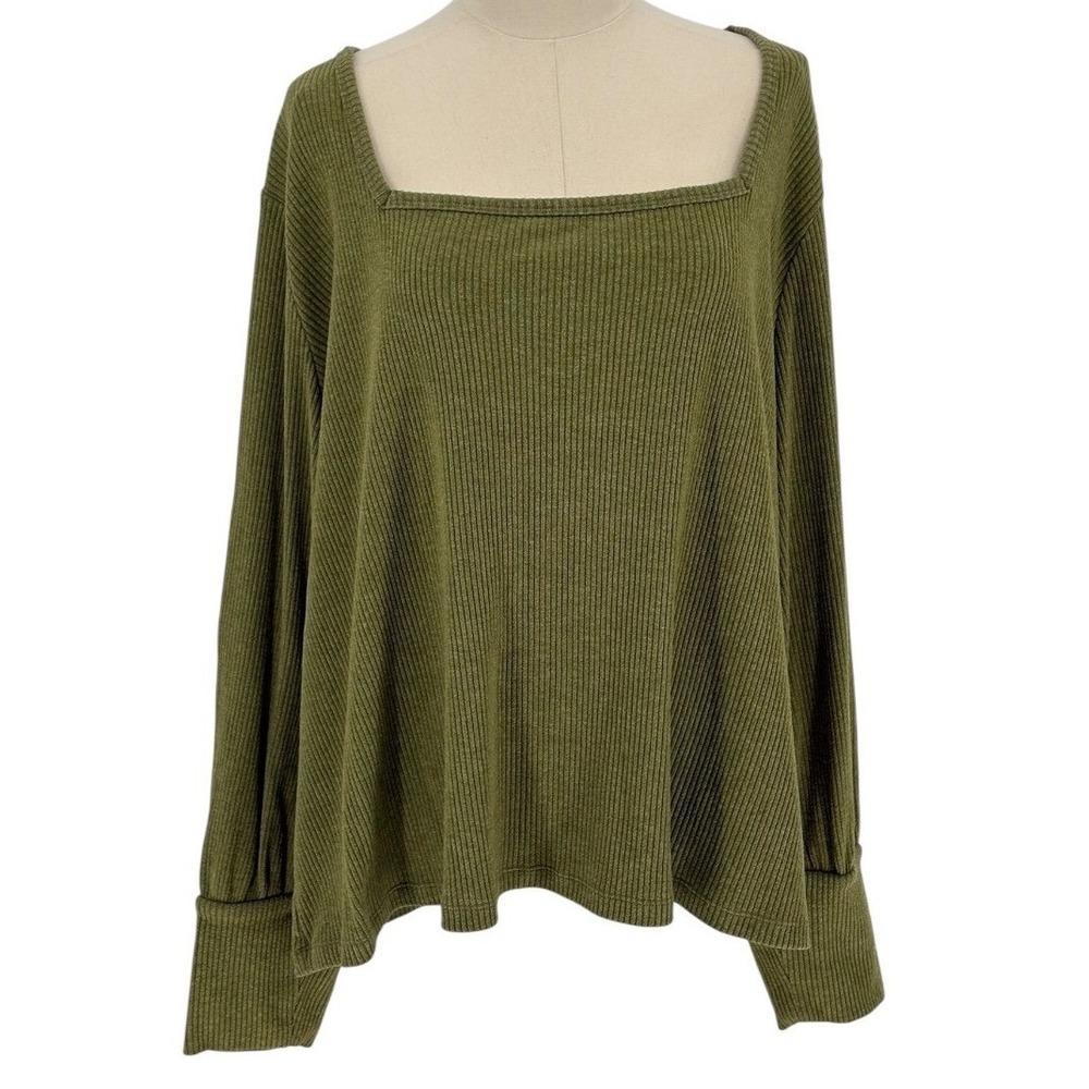 A.N.A. A New Approach Olive Green Soft & Cozy Square Neck Long‎ Sleeve Top (3X)